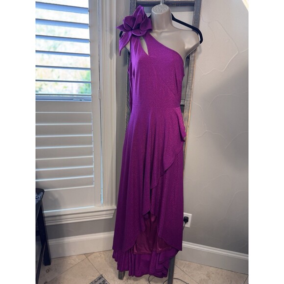 Formal Long Dress Womens L Raspberry Shimmer Strappy One Shoulder Tiered Prom - Picture 1 of 9